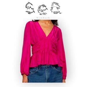 Sea New York Fabiola Silk Habotai Ruched Peplum V Neck Blouse Magenta Size 10